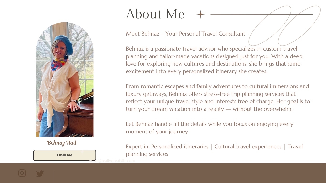 Meet [Her Name] – Your Personal Travel Consultant [Her Name] is a passionate travel advisor who specializes in custom travel planning and tailor-made vacations designed just for you. With a deep love for exploring new cultures and destinations, she brings - 1
